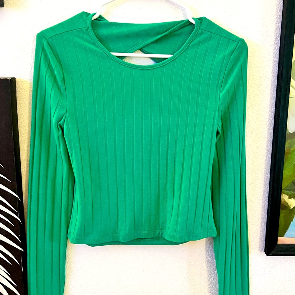 Green Long Sleeve Open-Back Top